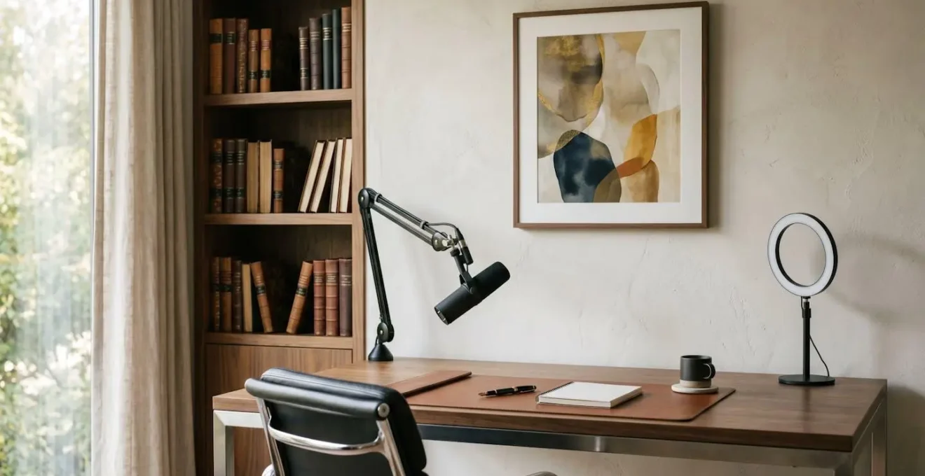 A professional home office setup that demonstrates executive presence through careful curation and lighting.
