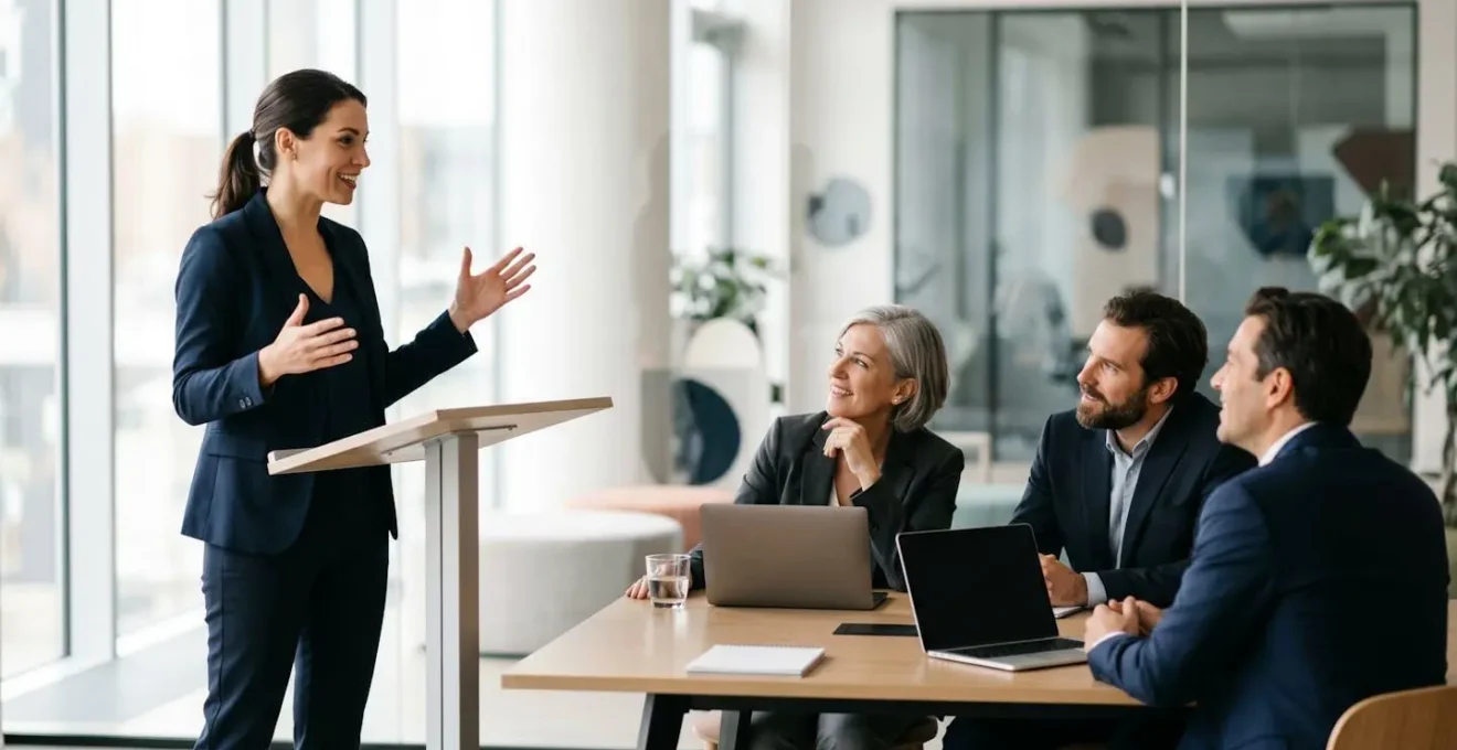 A professional presenting an idea directly to leadership in an open office setting.