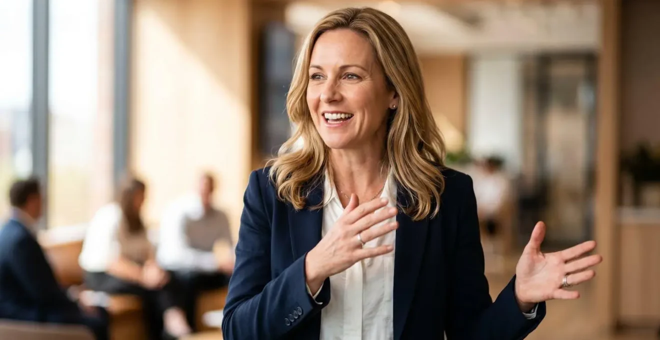 Business executive delivering a concise pitch presentation in an Australian corporate setting