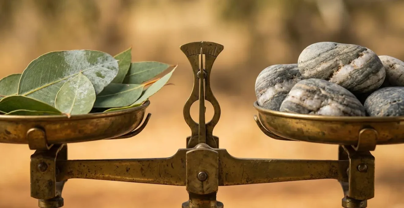 Macro shot of balanced scales with Australian native elements