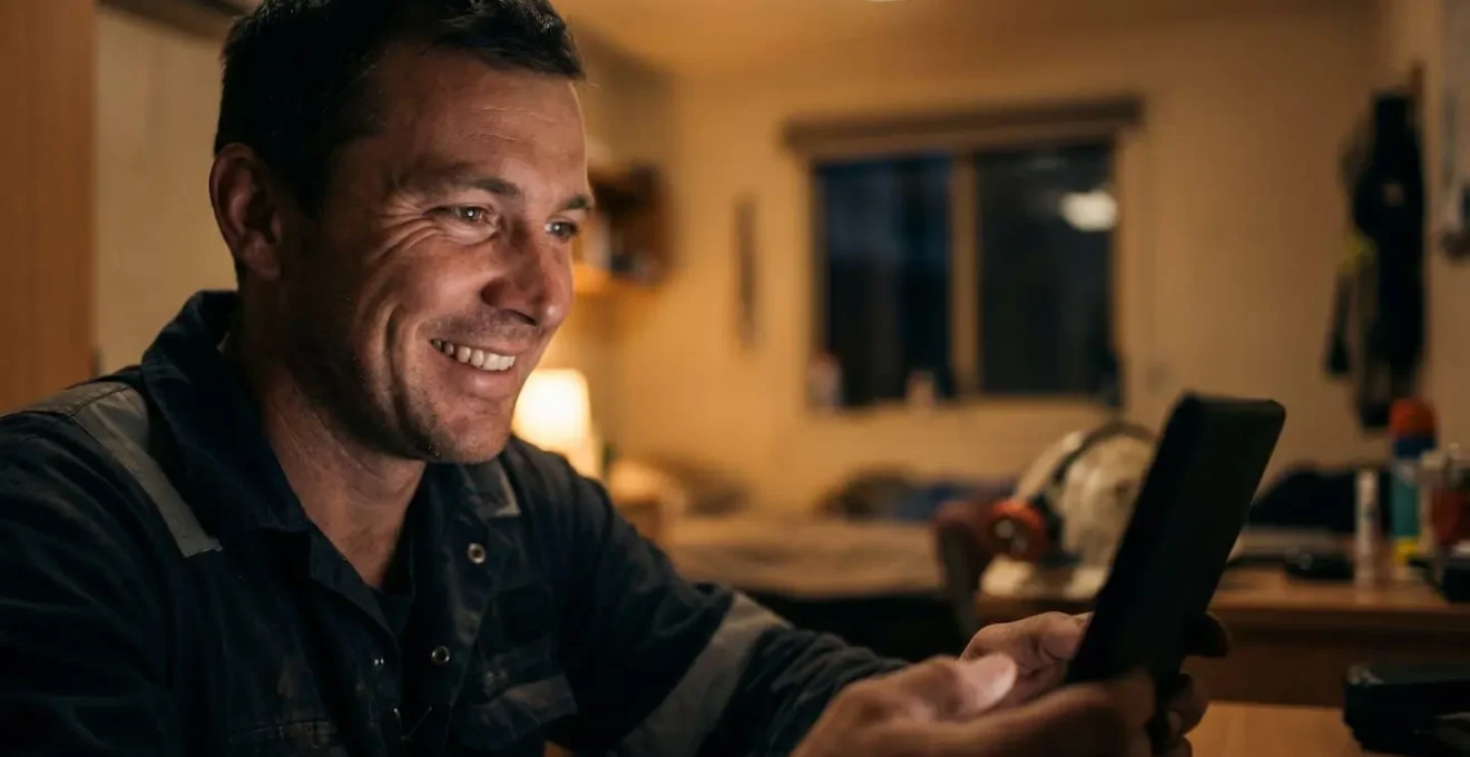 FIFO worker video calling family from mining accommodation