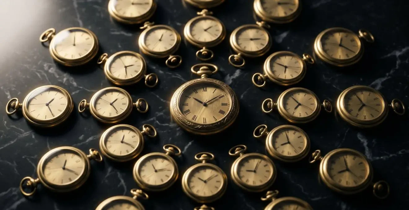 Abstract representation of global time zones converging on Sydney with clock faces and light trails