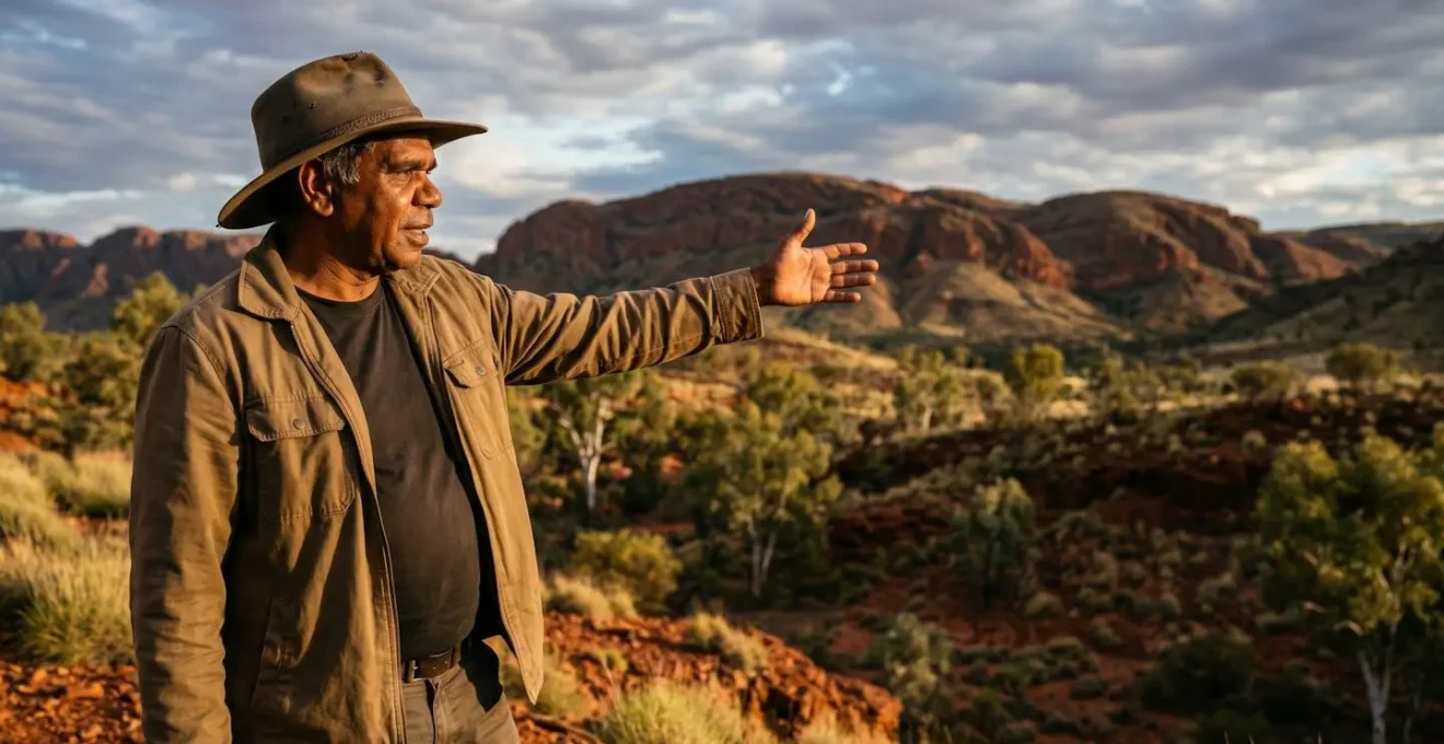 Indigenous guide pointing to landscape features while teaching visitors about cultural connections to country