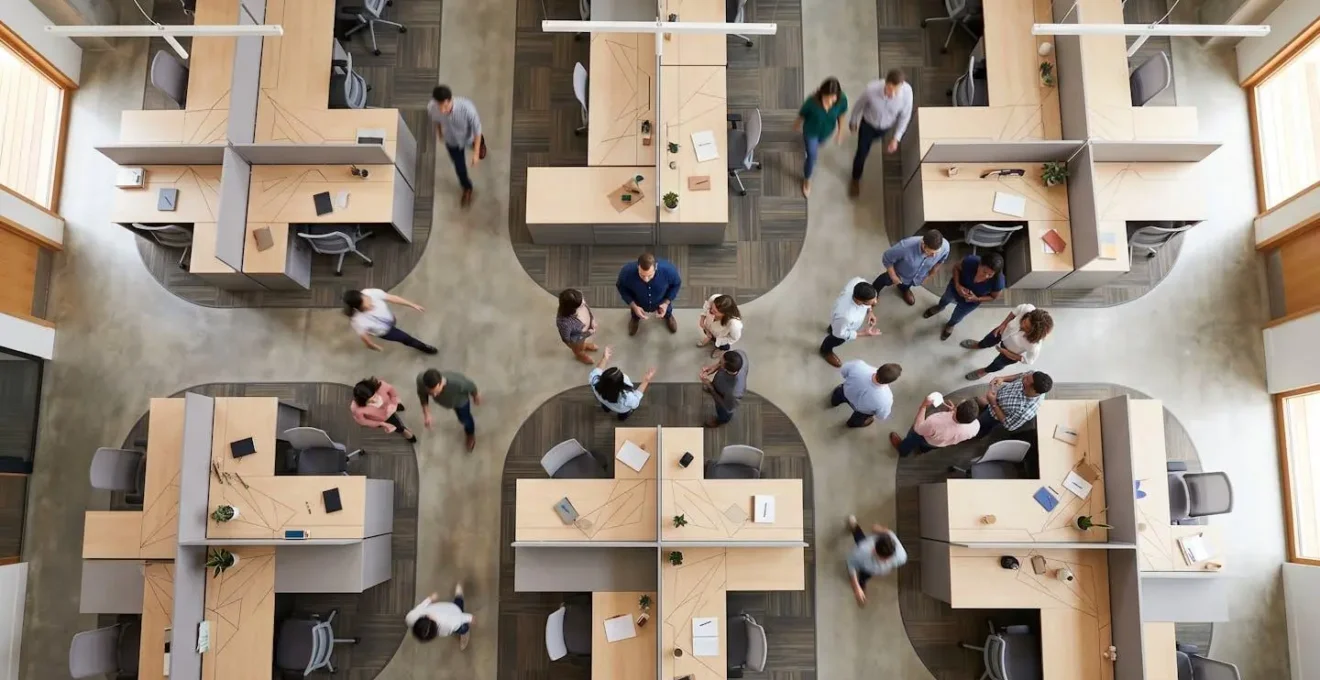 An aerial view of office workers naturally clustering around key individuals, showing informal networks.