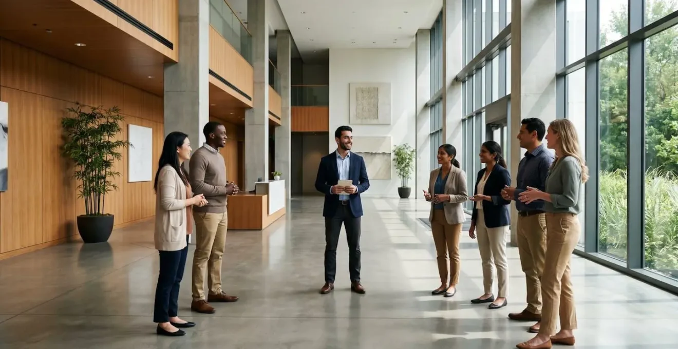 New international employee being welcomed by diverse team in modern workspace