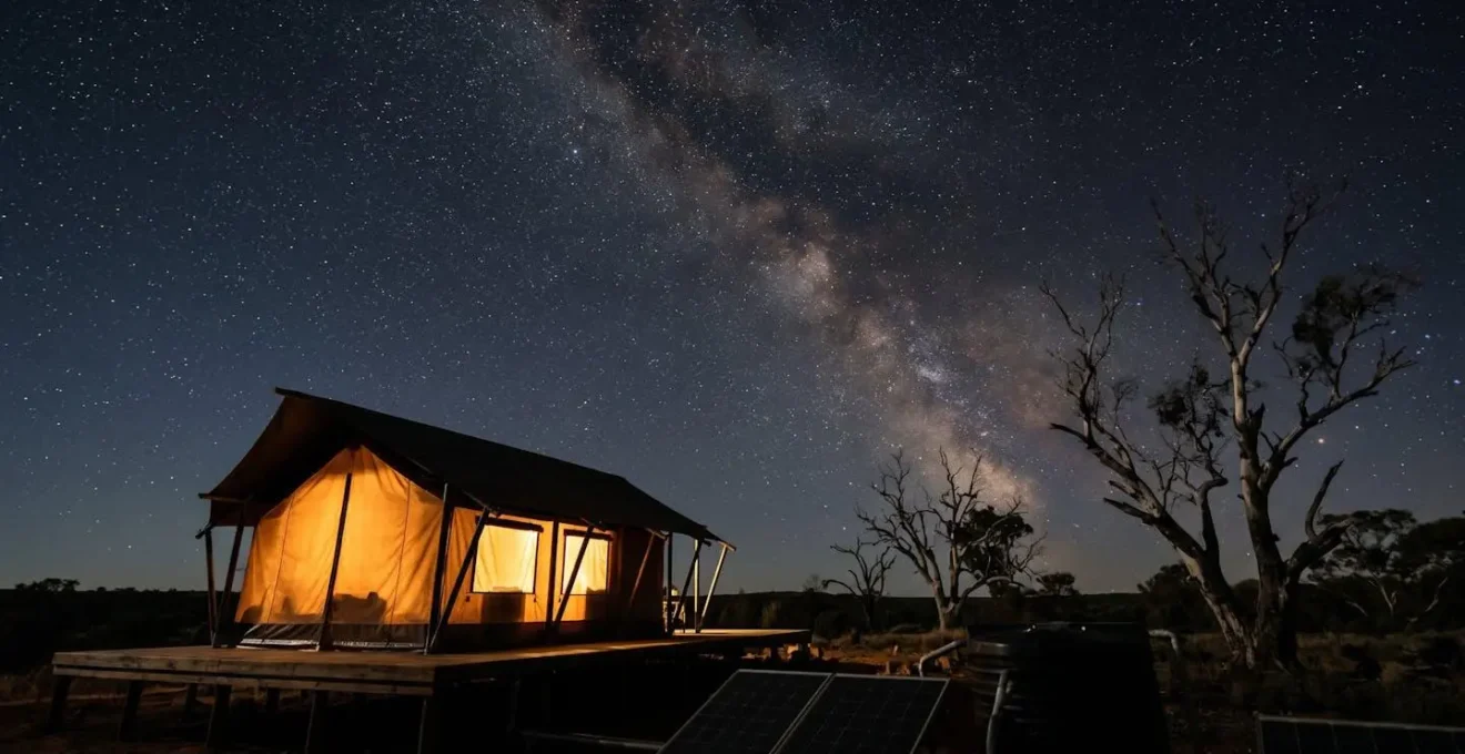 Eco-luxury tent setup under starlit sky in Australian wilderness with solar panels