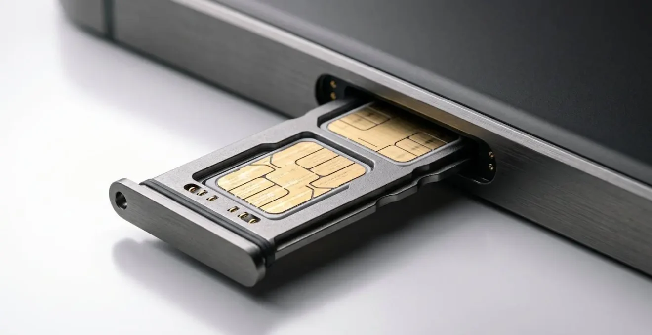 Extreme close-up of dual SIM card tray showing metallic contacts and precision engineering