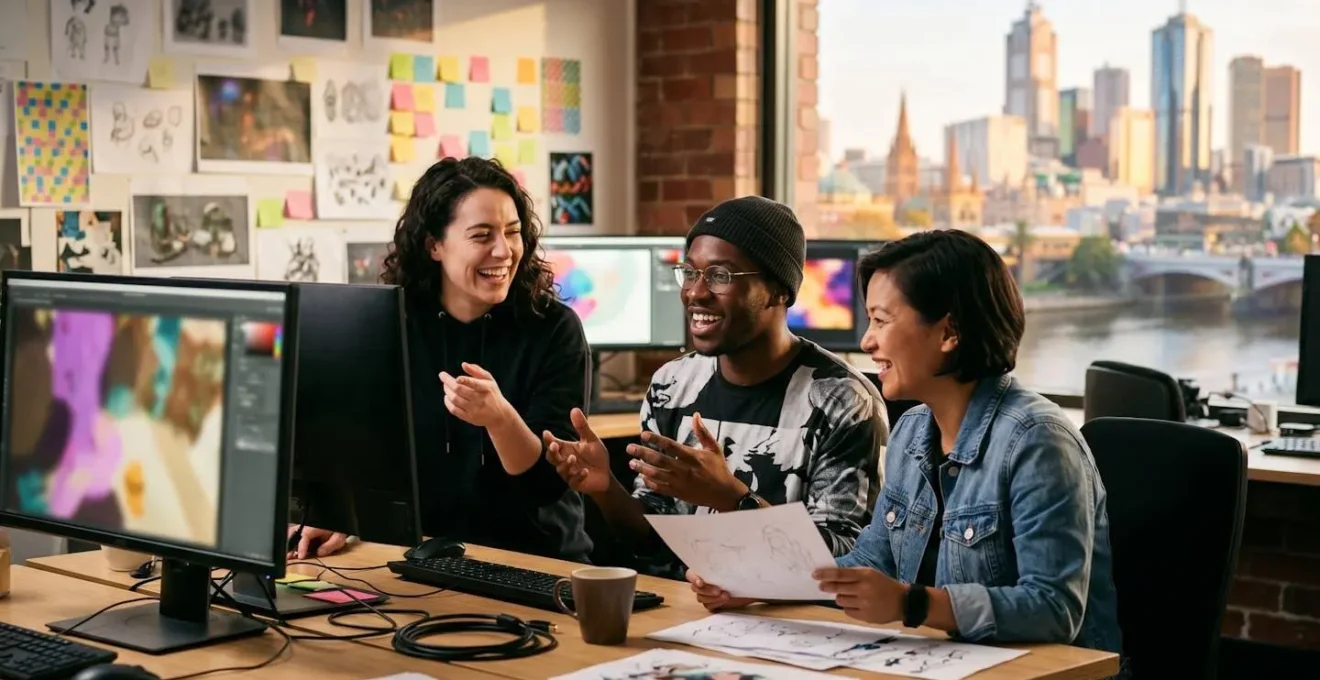 Game developers working in a modern Melbourne studio with city skyline visible
