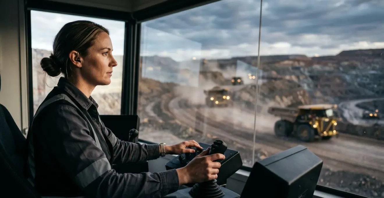 Engineer monitoring autonomous mining vehicles through control interface in Australian mining site