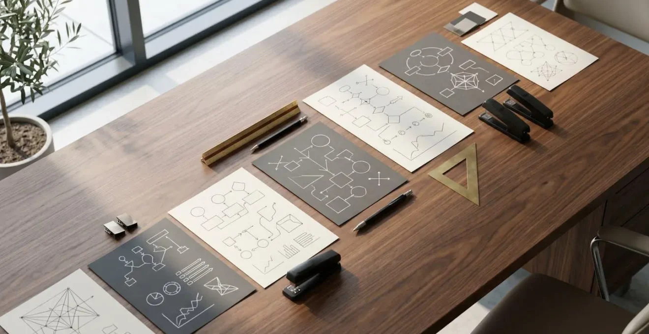 Aerial view of business planning documents and organizational charts spread on desk