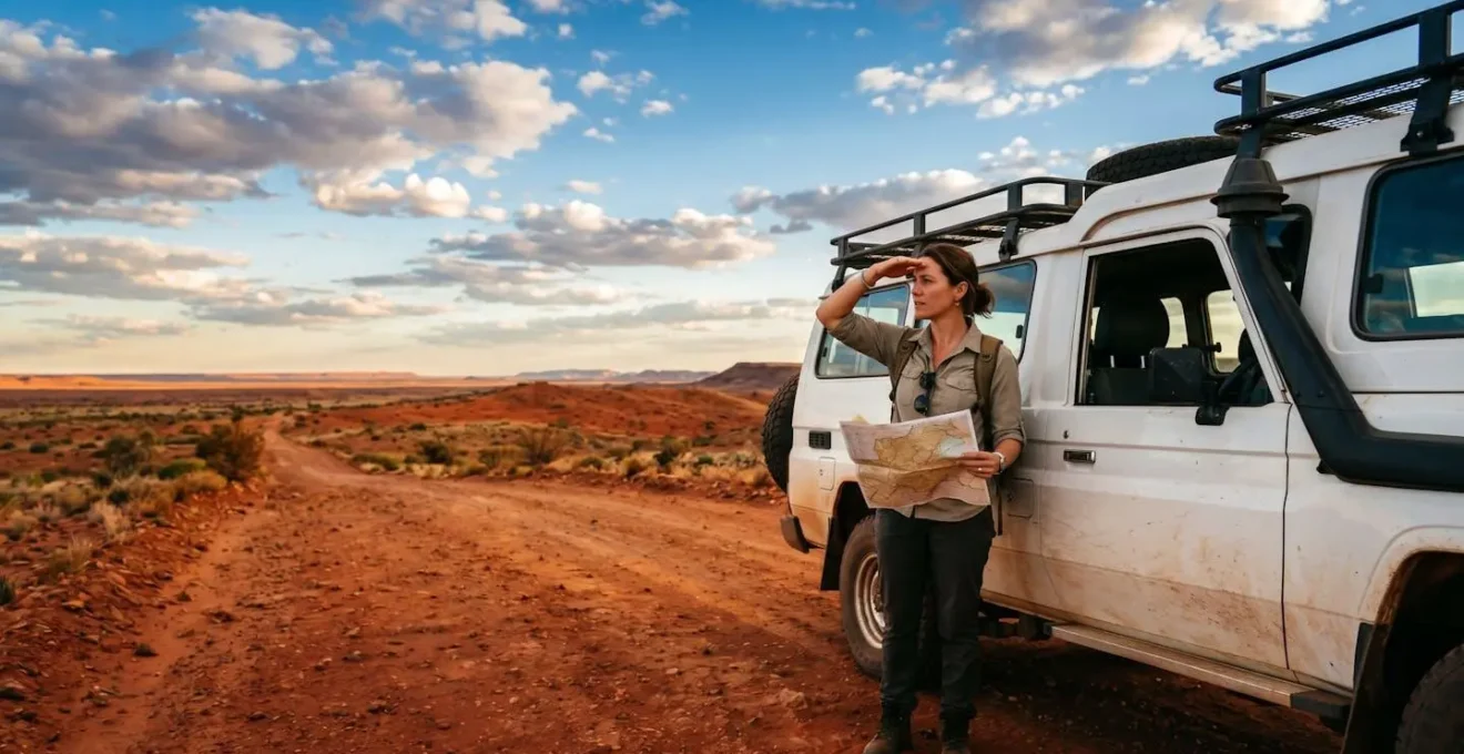Four-wheel drive vehicle on remote Australian outback road at golden hour