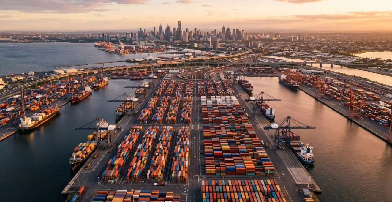 Aerial view of Port of Melbourne's container terminals showcasing logistics efficiency