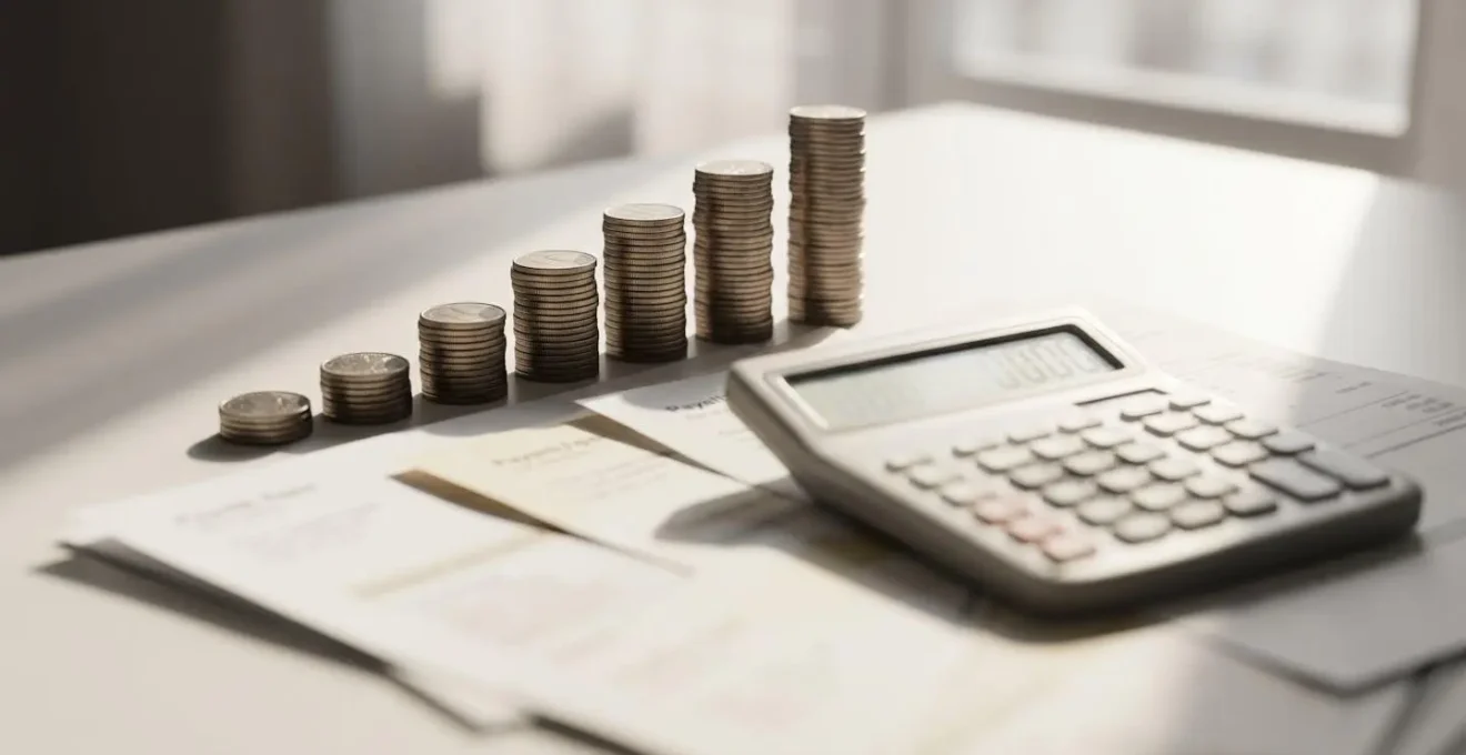 Multiple income streams visualized through abstract financial documents and calculator on a desk, representing a portfolio income strategy for a regional visa.