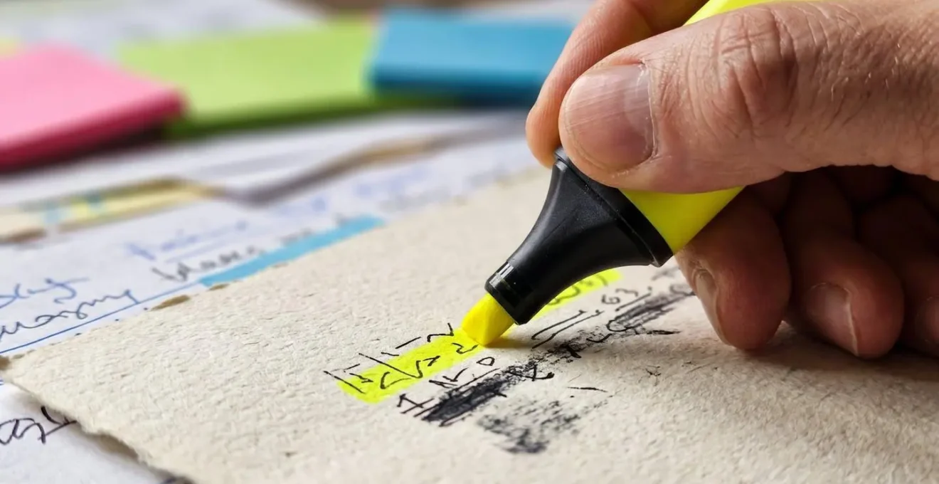 Close-up of hands reviewing assessment feedback documents with highlighter and notes