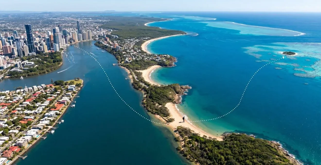 Visual map showing business traveler's journey from Brisbane office to Great Barrier Reef