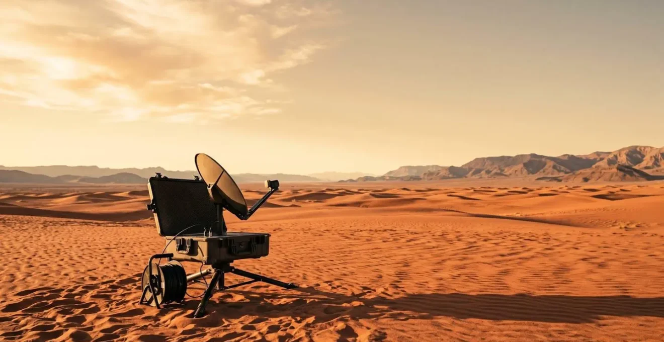 Wide landscape shot of portable satellite dish setup in remote desert location at golden hour