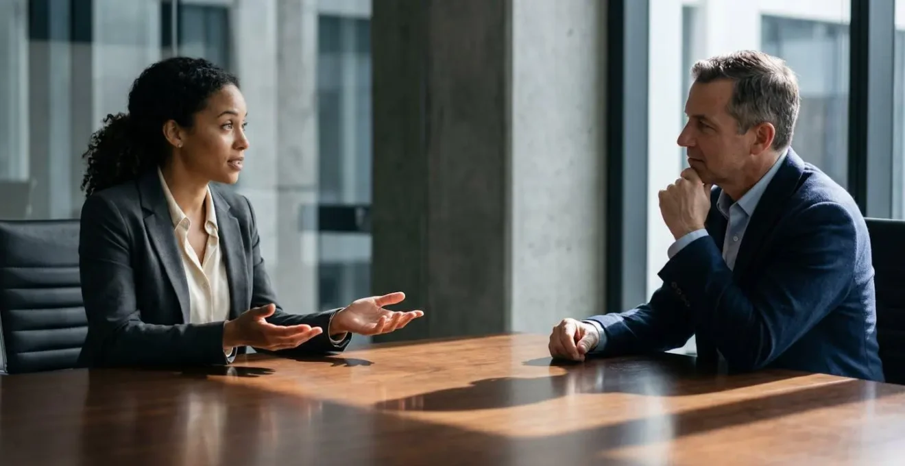 Professional using questioning gesture in Australian boardroom discussion