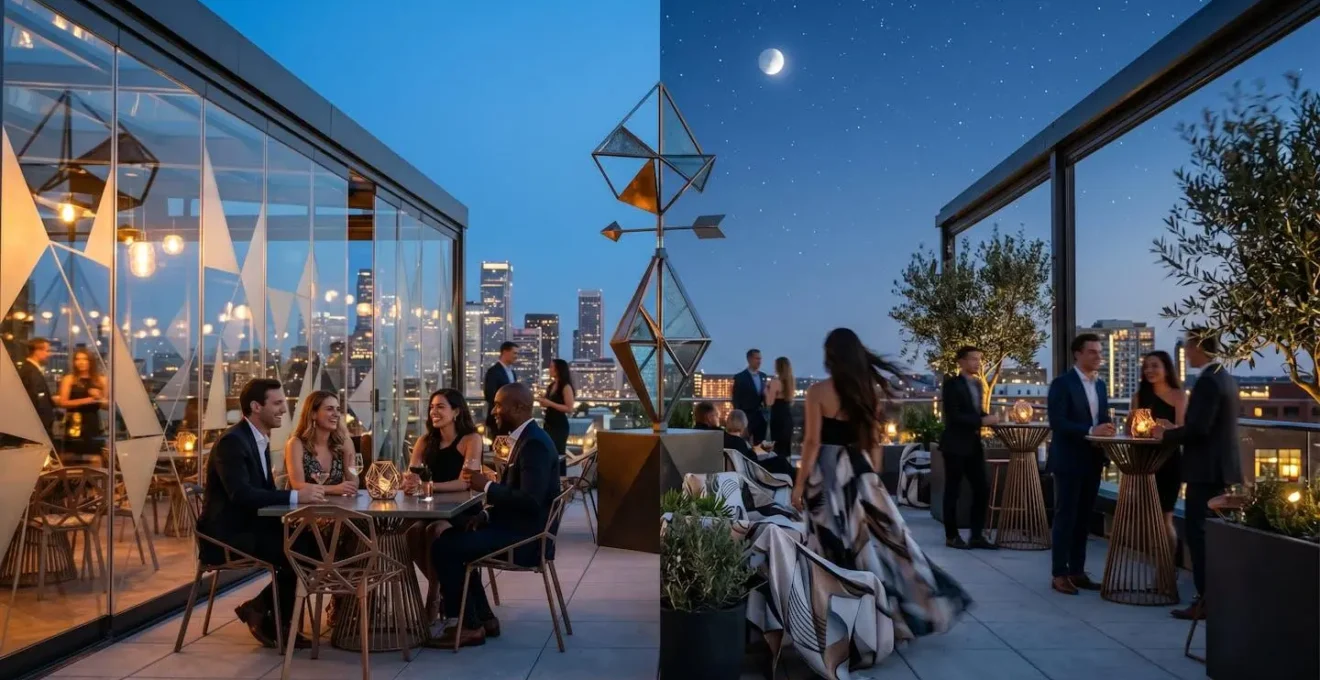 Modern rooftop venue with retractable glass canopy and city skyline