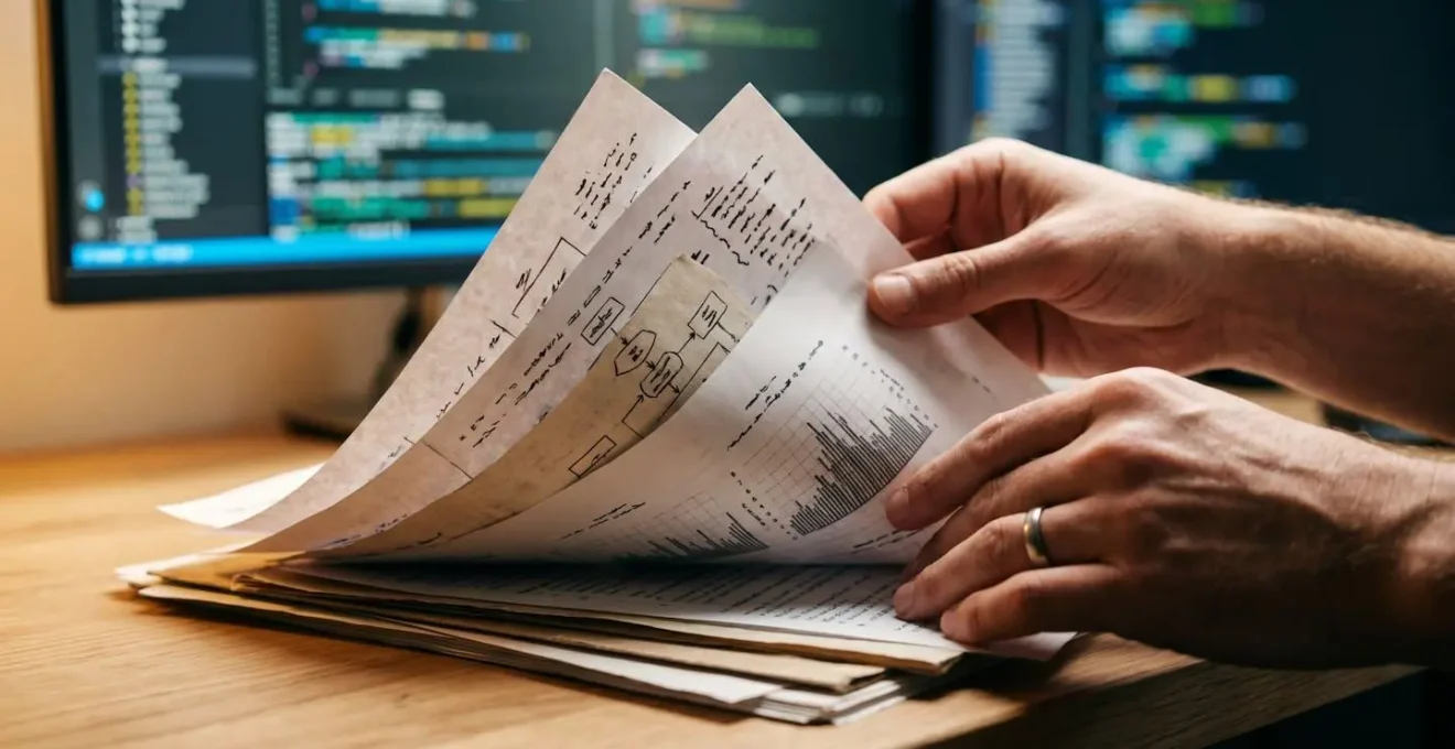 Close-up of hands organizing R&D documentation with blurred code in background