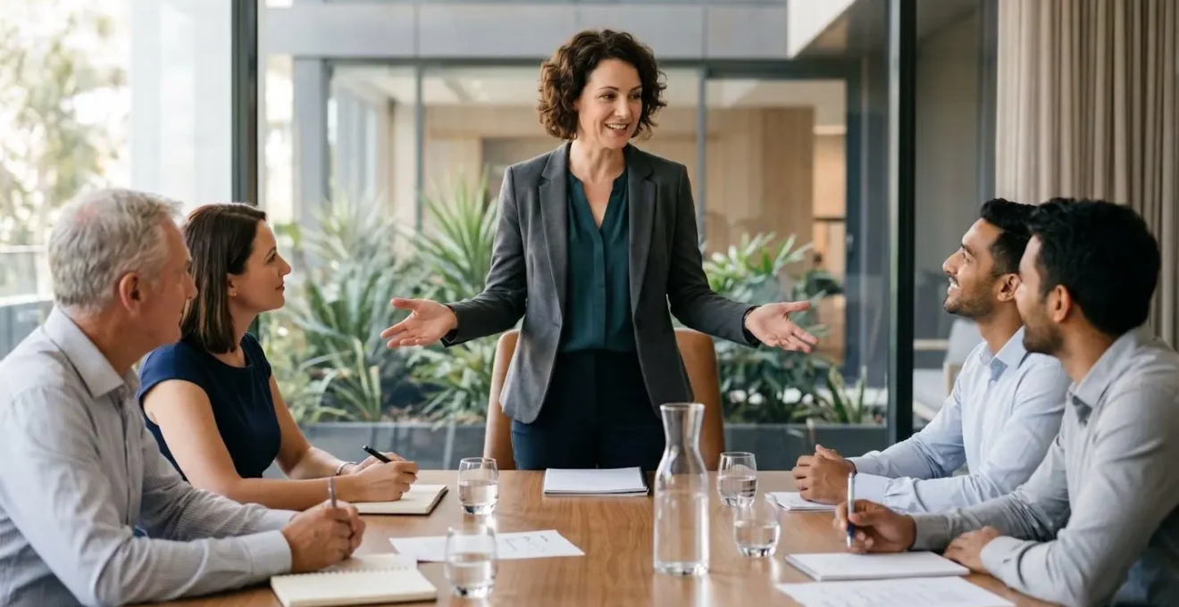Business leader presenting draft proposal to engaged Australian board members