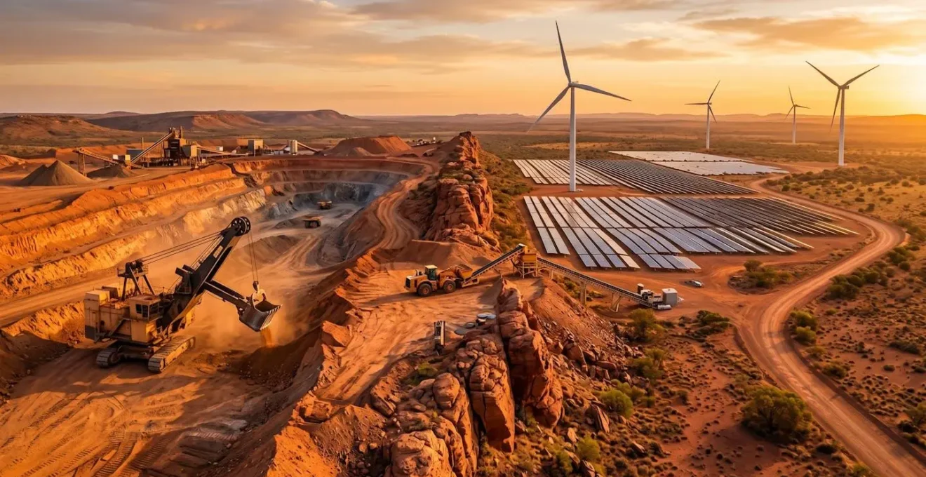 Modern mining facility powered by solar panels and wind turbines in Australian landscape