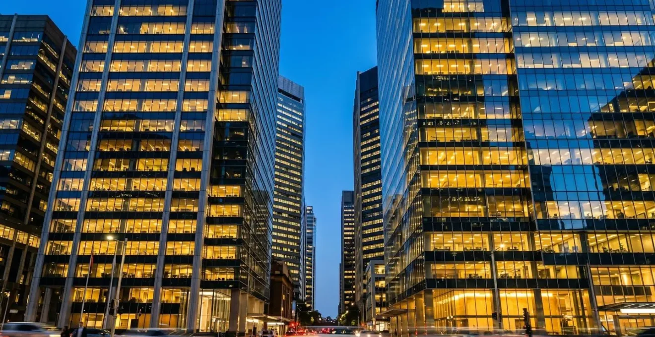 Sydney's financial district office towers illuminated at twilight with Asia-Pacific business activity