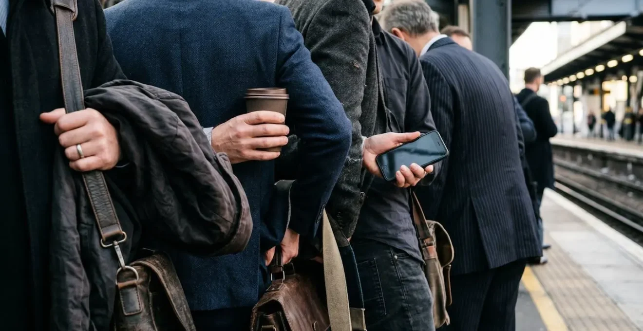 Crowded Sydney train platform during morning rush hour with commuters waiting