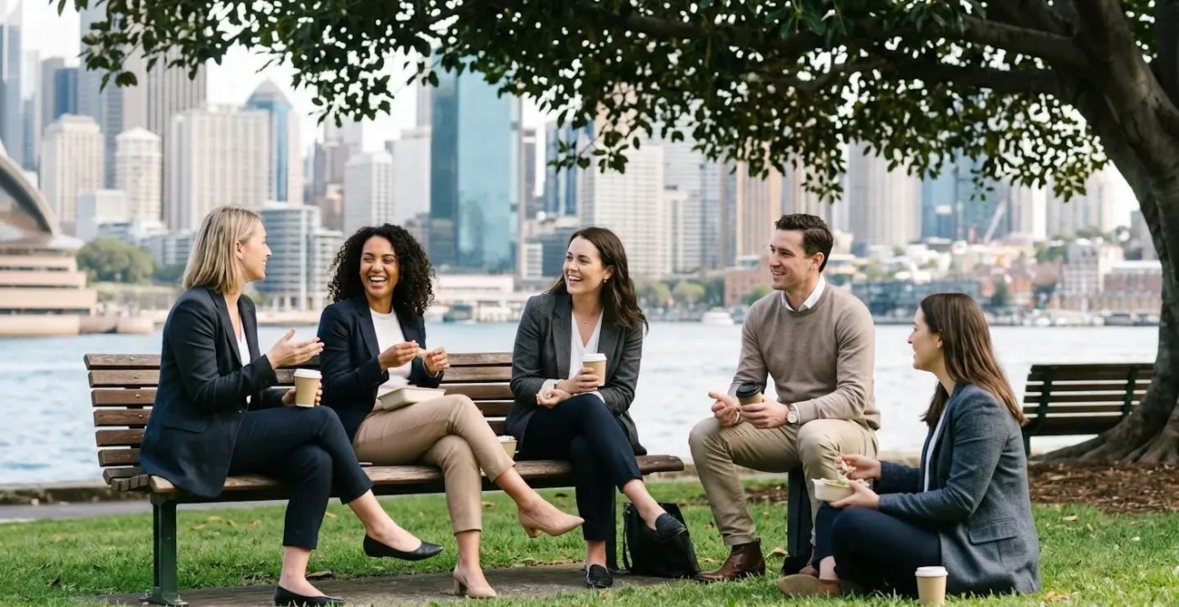 Business professionals enjoying lunch break at a Sydney harbour-side park with office buildings in background