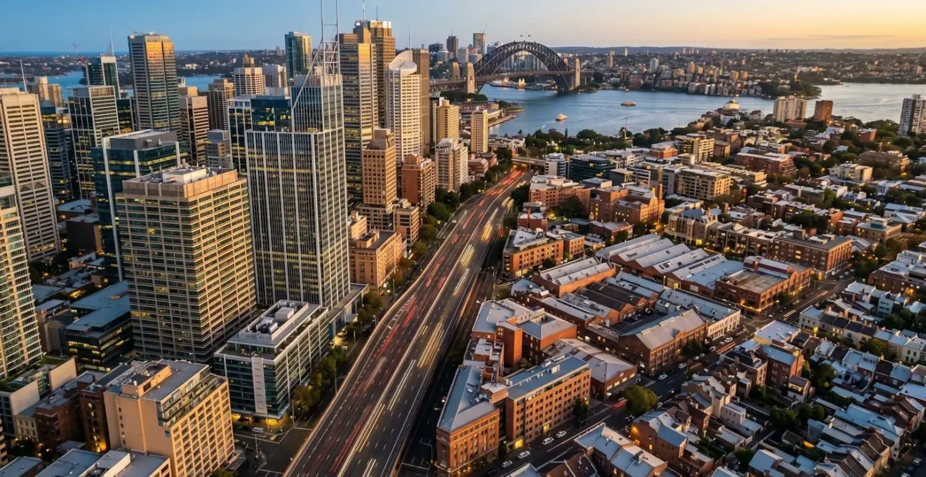 Aerial view of Sydney showing contrast between CBD towers and Surry Hills creative district