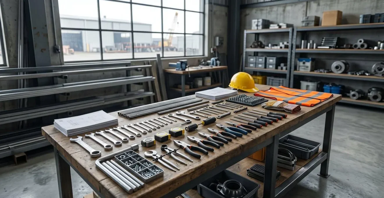 Professional trade worker organizing technical documentation and tools for assessment interview