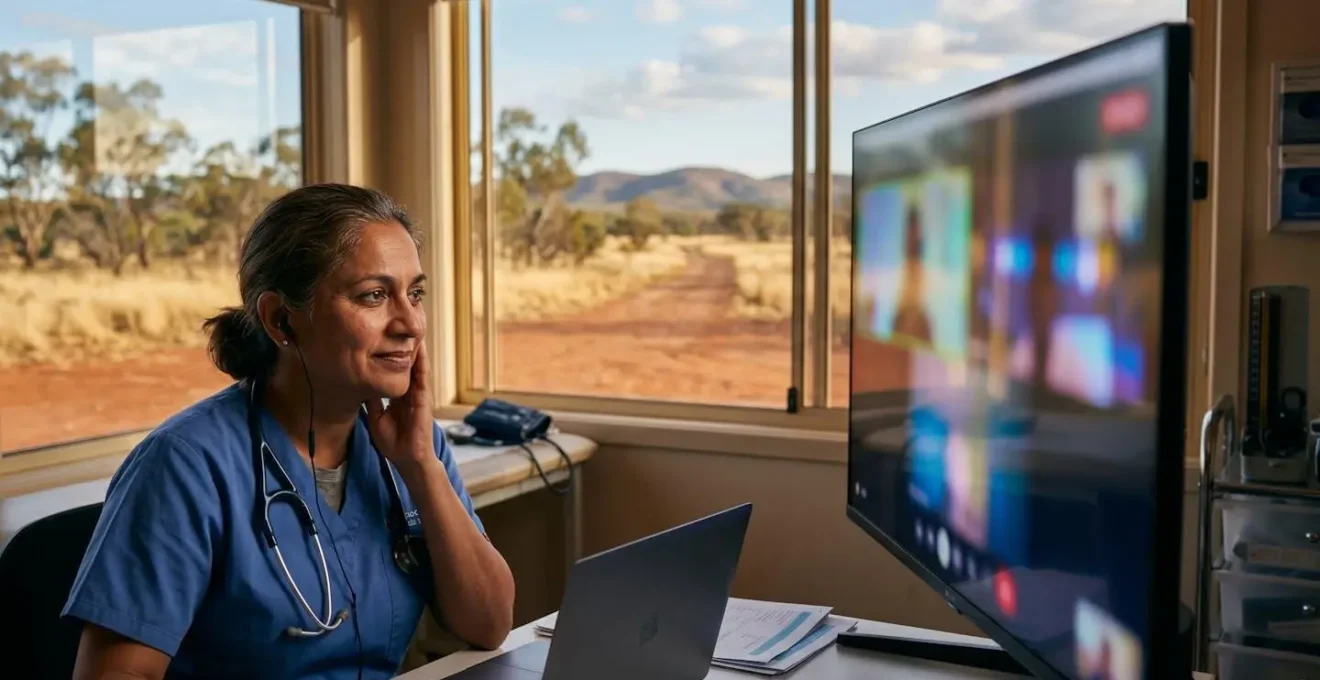 Healthcare professional conducting remote consultation in rural Australian setting