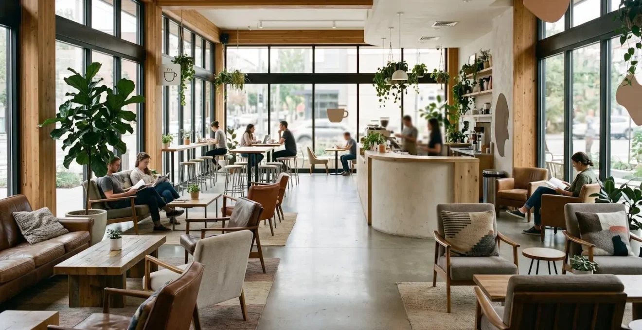Modern cafe interior with comfortable seating areas showcasing the third place concept
