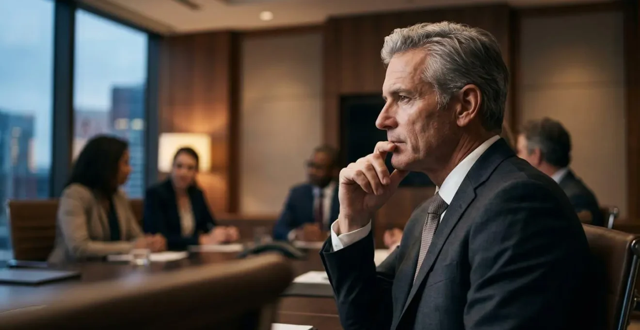 Australian business leader demonstrating thoughtful pause during team meeting