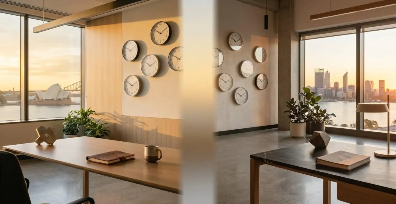 Split screen view showing Sydney morning office and Perth afternoon workspace with clocks displaying time difference