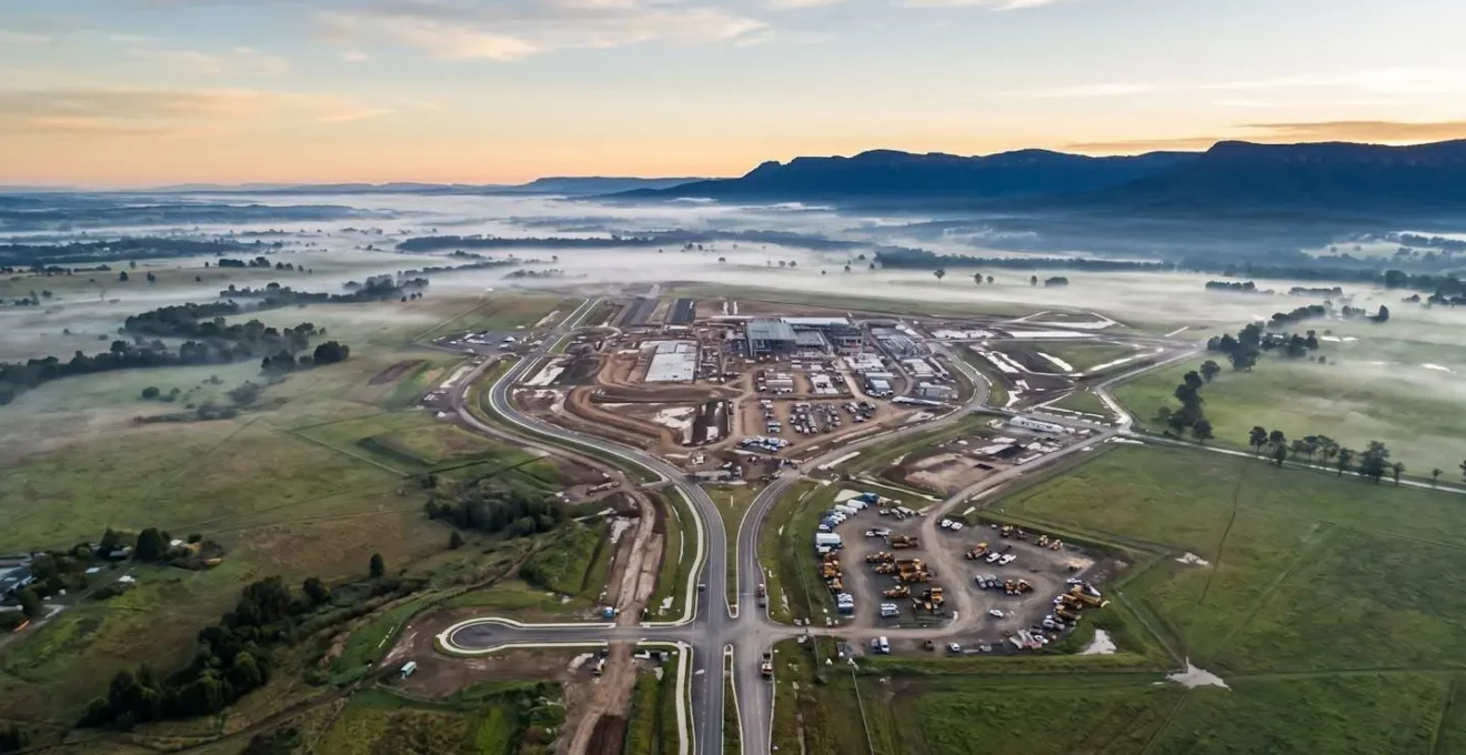 Aerial view of Western Sydney development area with future airport construction site at golden hour