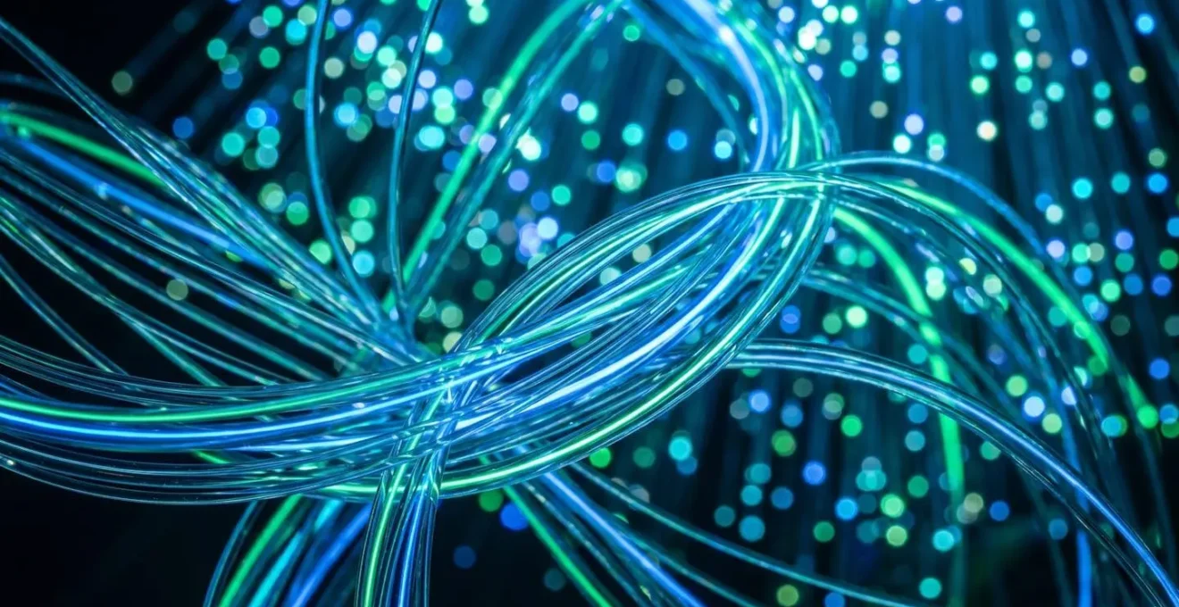 Macro detail of fiber optic cables and digital infrastructure representing Brisbane's technological advancement