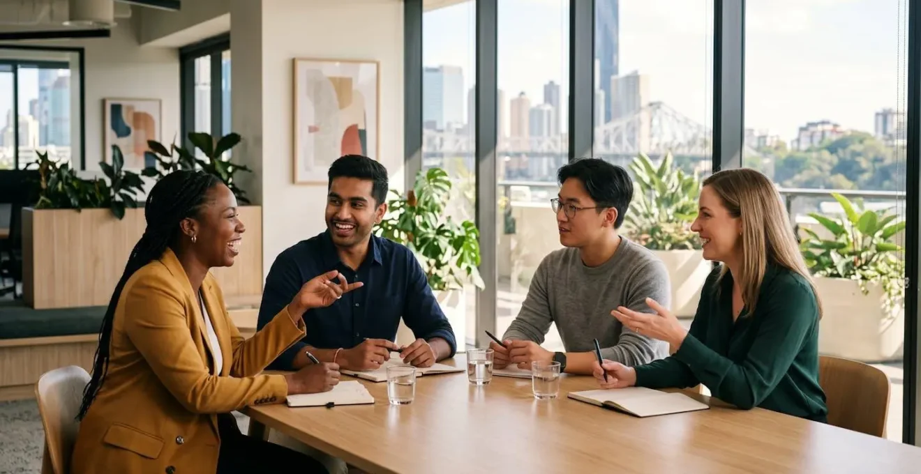 Modern Brisbane co-working space with diverse professionals collaborating in bright, tropical-inspired interior