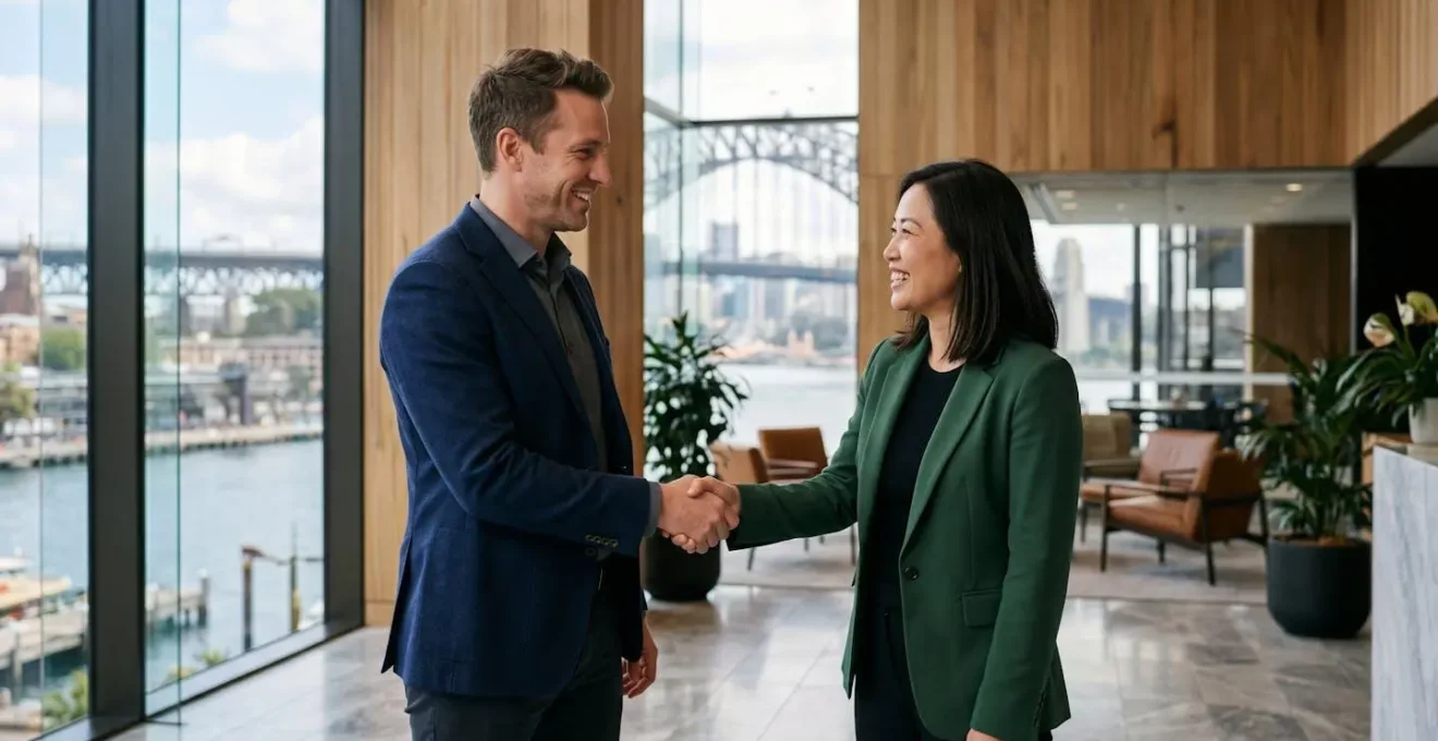 Business professionals networking in modern Sydney office space with harbor views