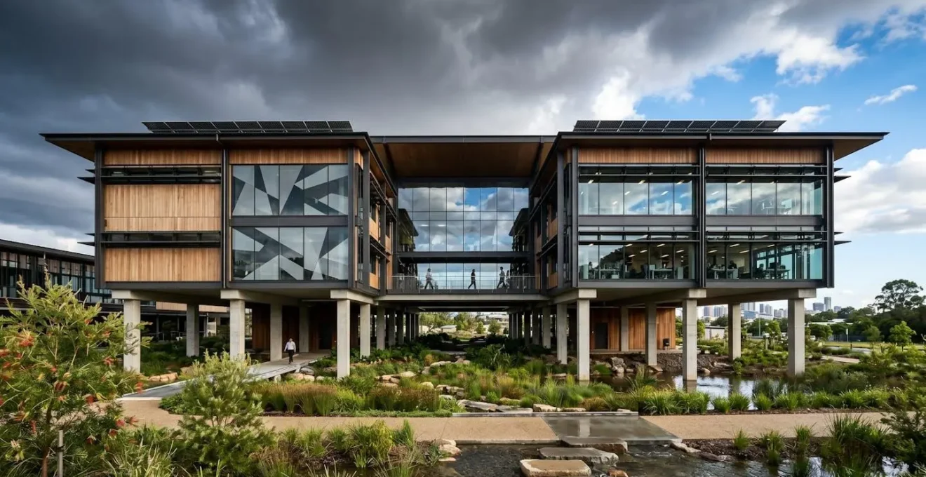 Modern elevated Brisbane commercial building with flood-resistant design features and green infrastructure